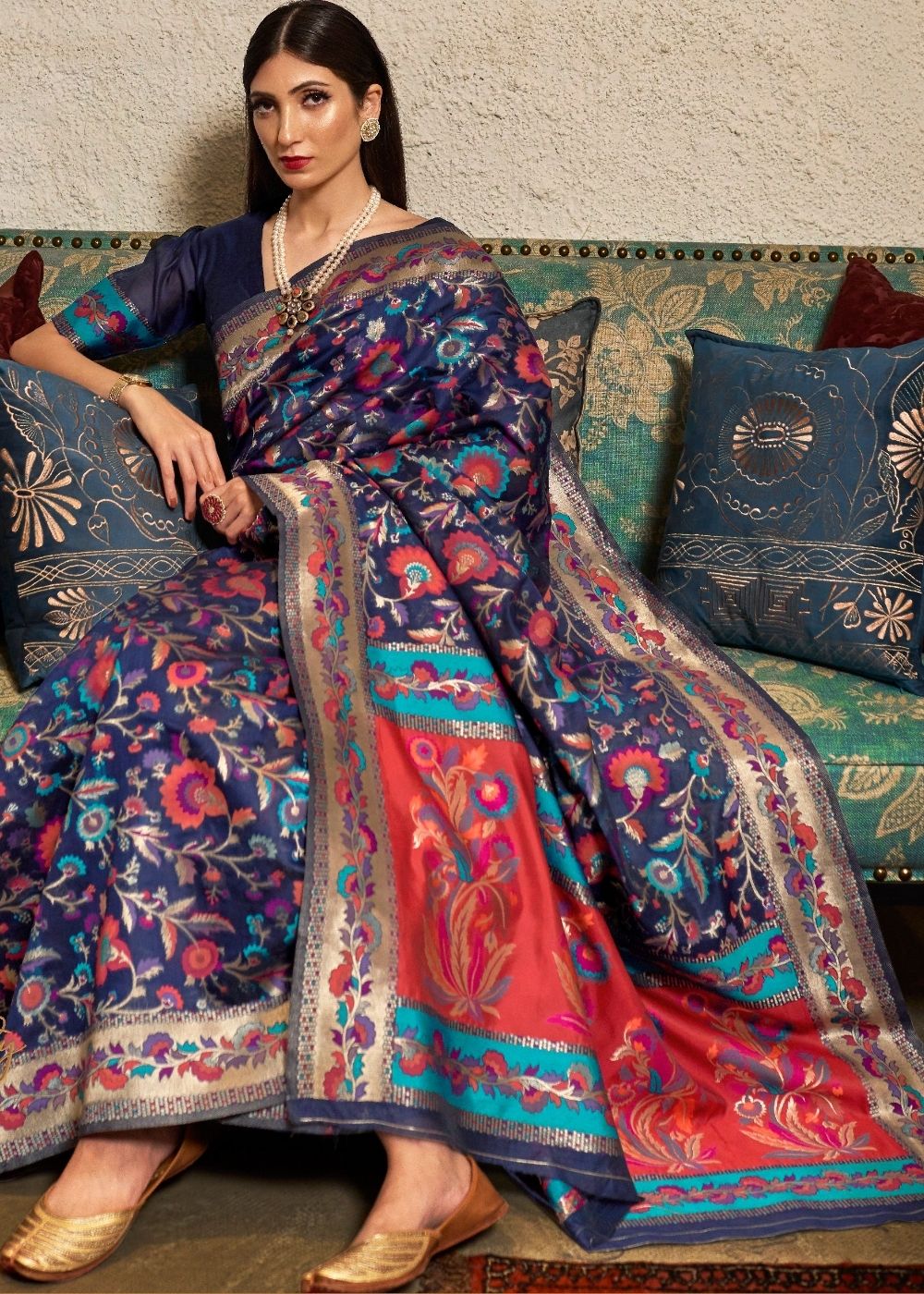 BERRY BLUE BANARASI JAMWAR KASHMIRI WEAVING SAREE