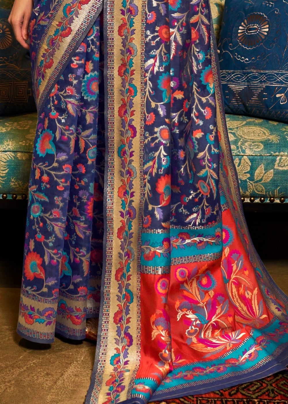 BERRY BLUE BANARASI JAMWAR KASHMIRI WEAVING SAREE