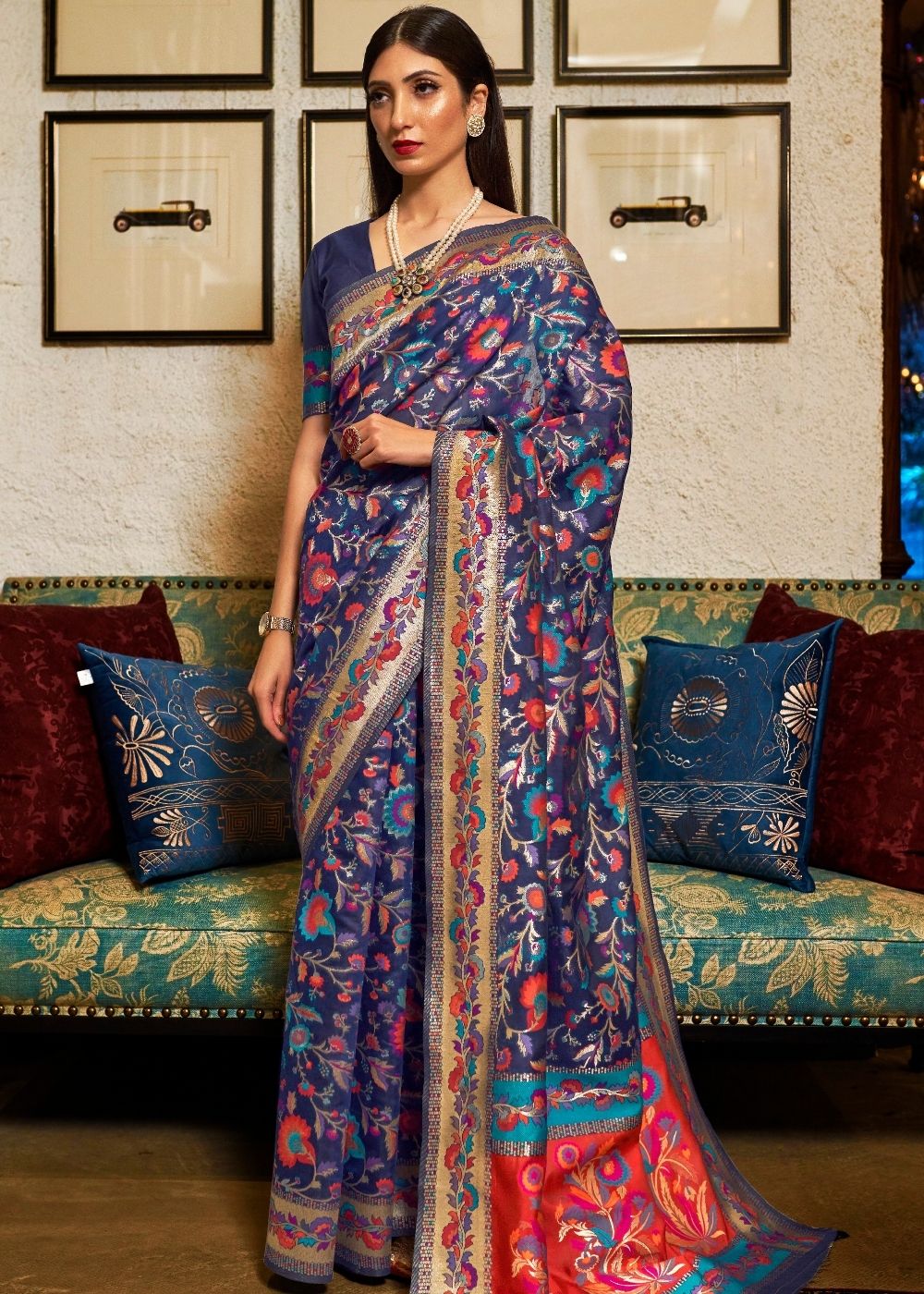 BERRY BLUE BANARASI JAMWAR KASHMIRI WEAVING SAREE