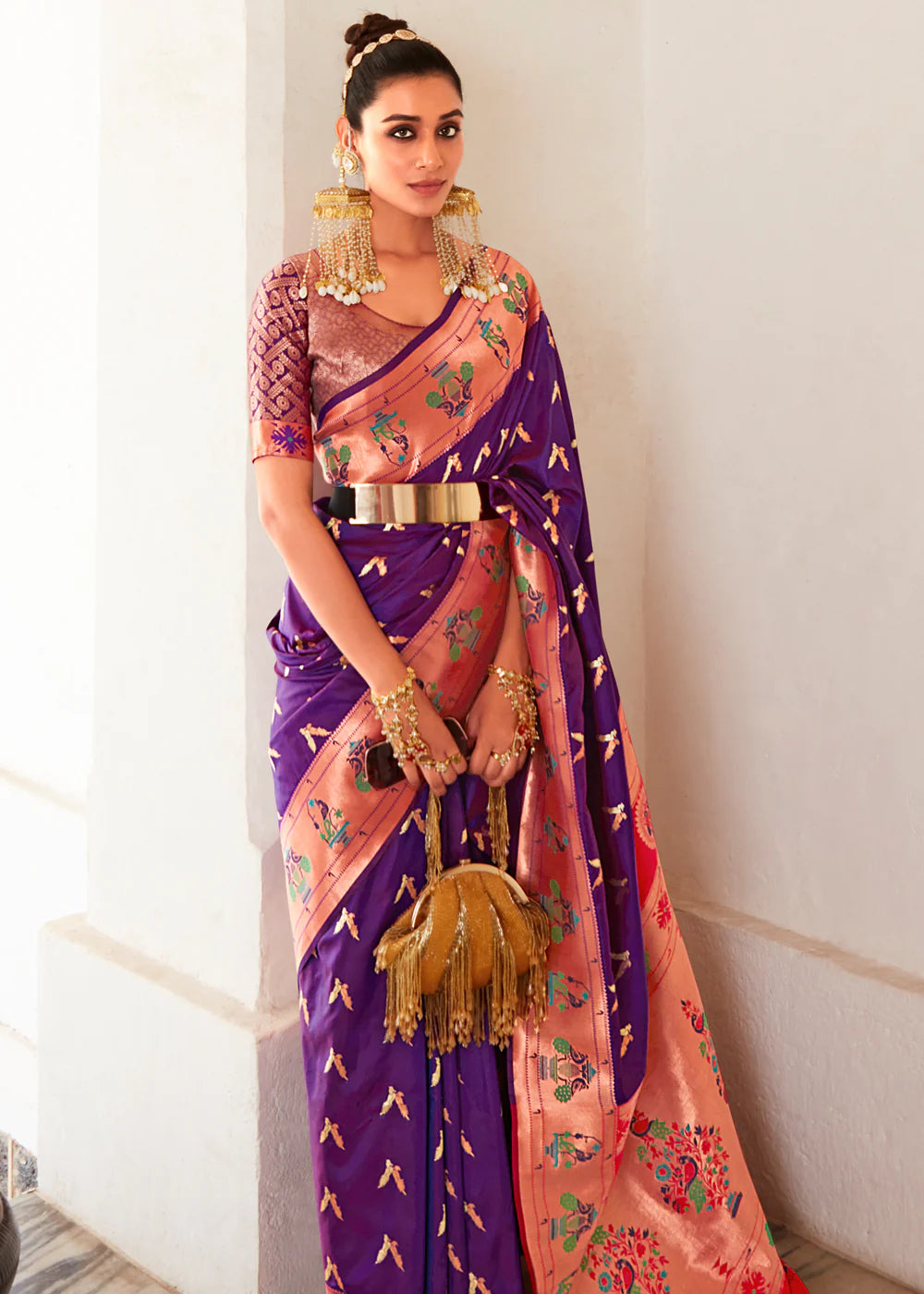 Purple Woven Paithani Silk Saree With Brocade Blouse