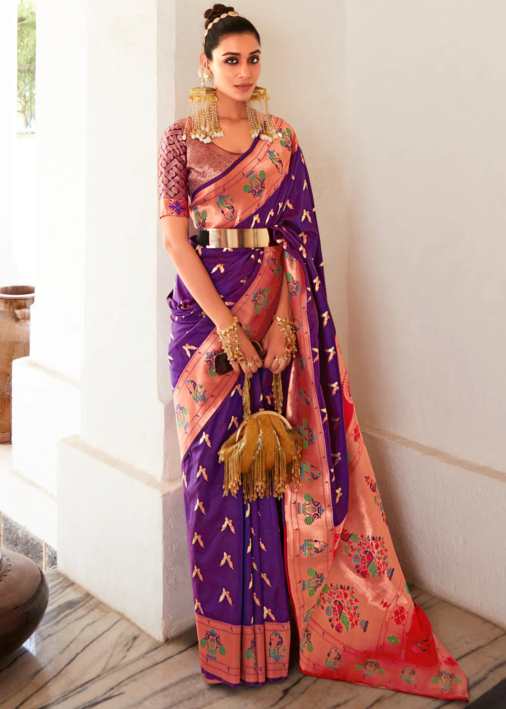 Purple Woven Paithani Silk Saree With Brocade Blouse