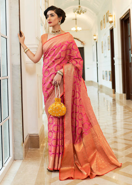 Blushing Pink Woven Patola Fusion Banarasi Saree With Brocade Blouse