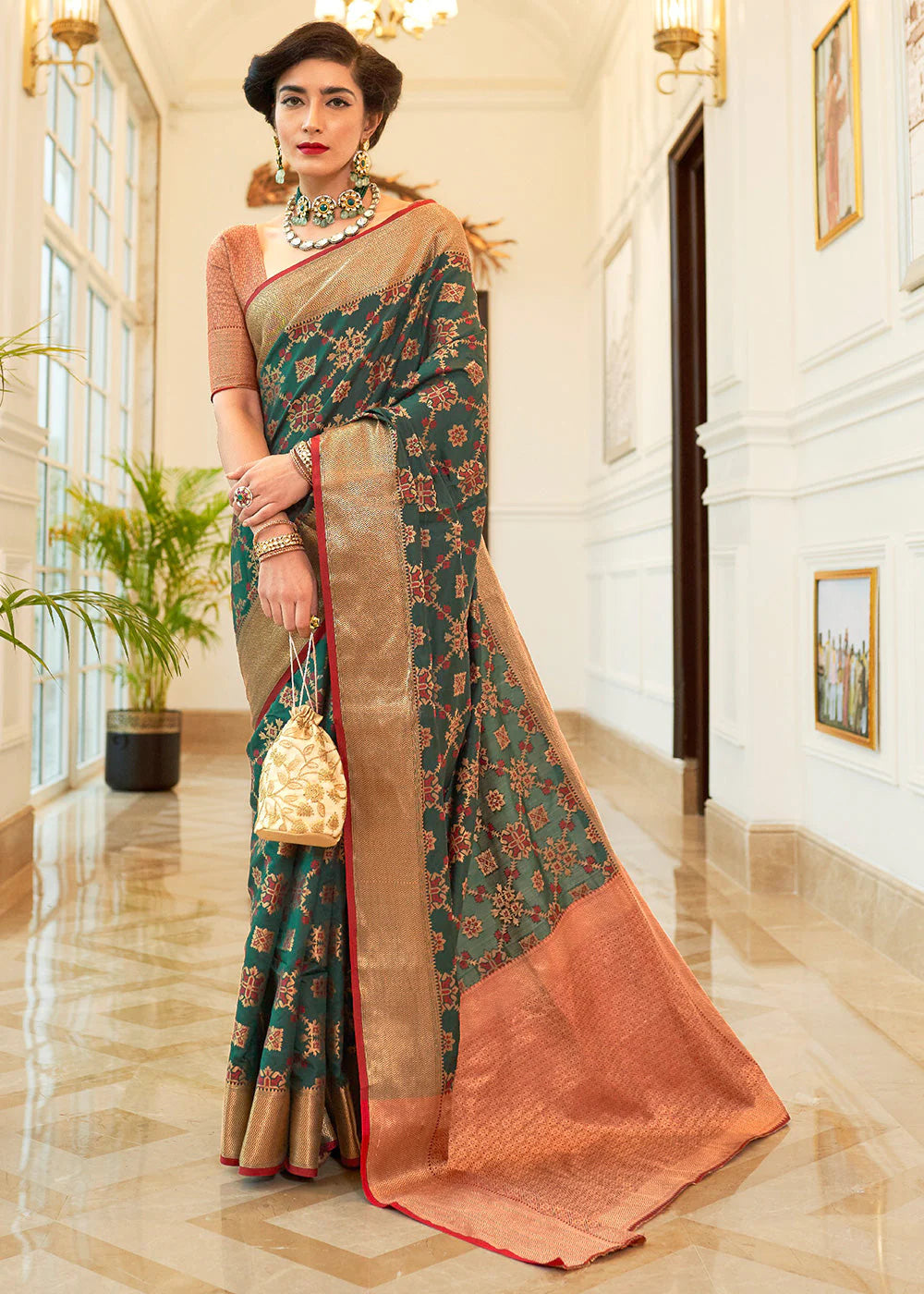 Enchantment Green Woven Patola Fusion Banarasi Saree With Brocade Blouse