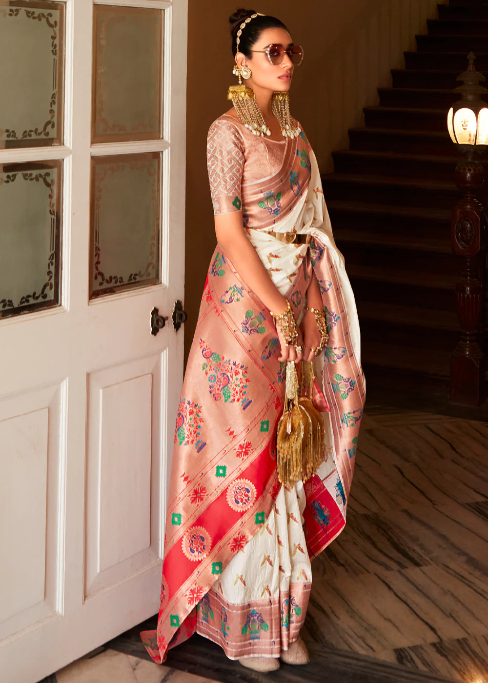 White Woven Paithani Silk Saree With Brocade Blouse