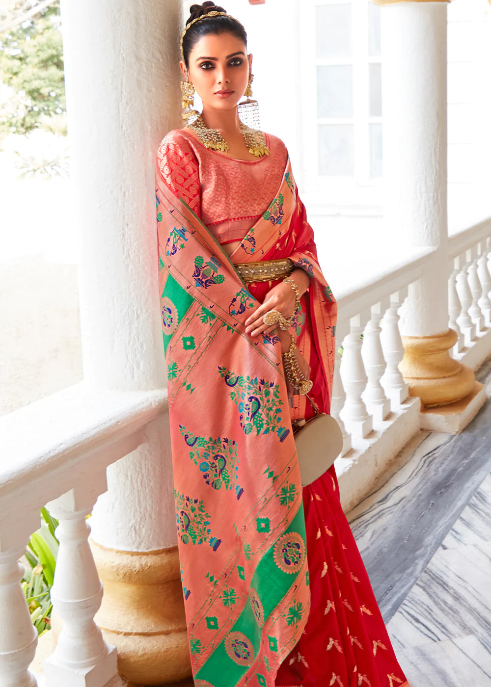 Red Woven Paithani Silk Saree With Brocade Blouse