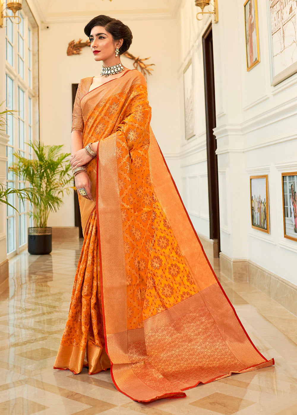 Splendor Orange Woven Patola Fusion Banarasi Saree With Brocade Blouse