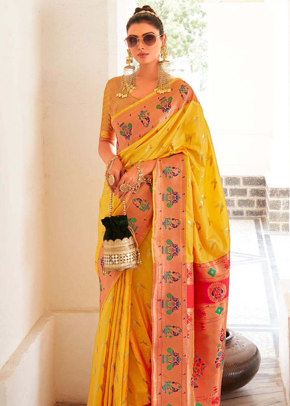 Yellow Woven Paithani Silk Saree With Brocade Blouse