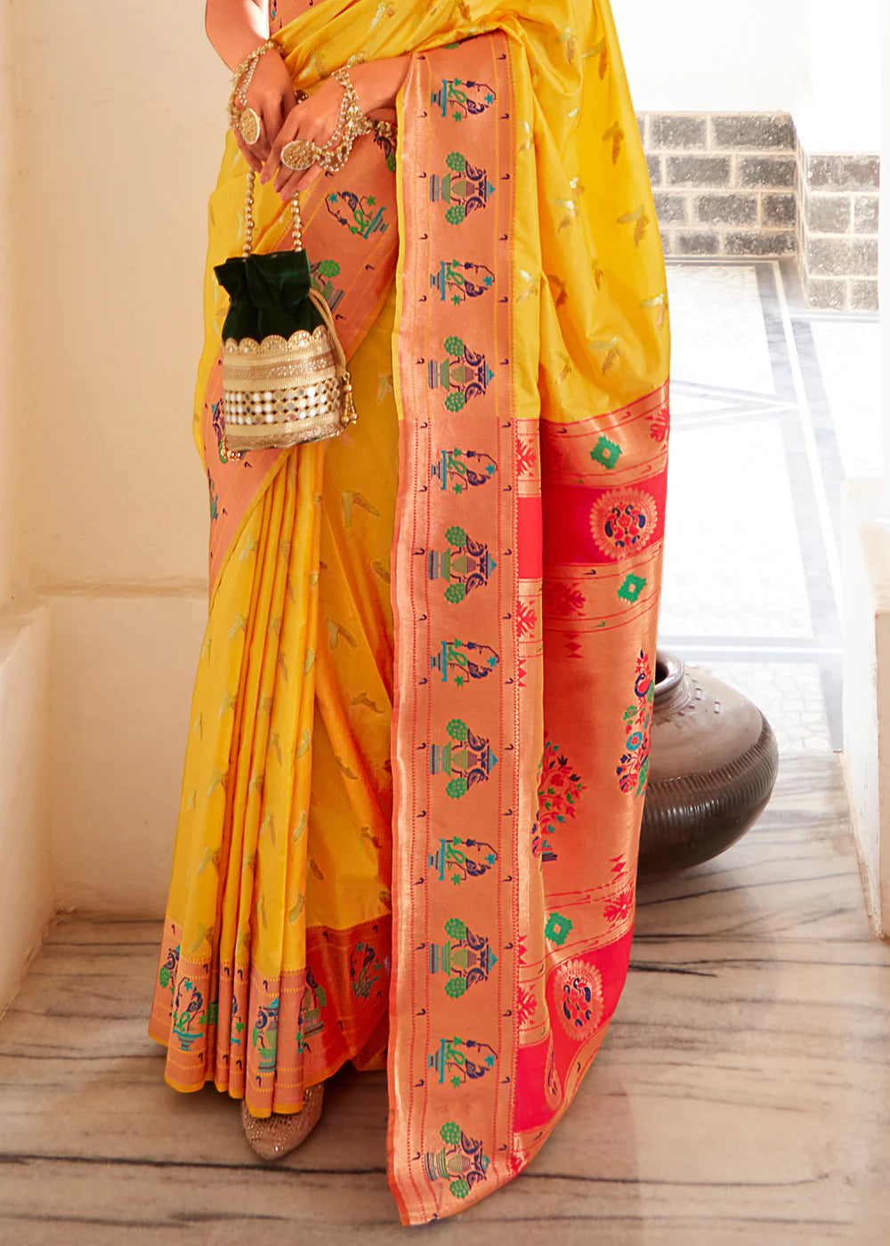 Yellow Woven Paithani Silk Saree With Brocade Blouse