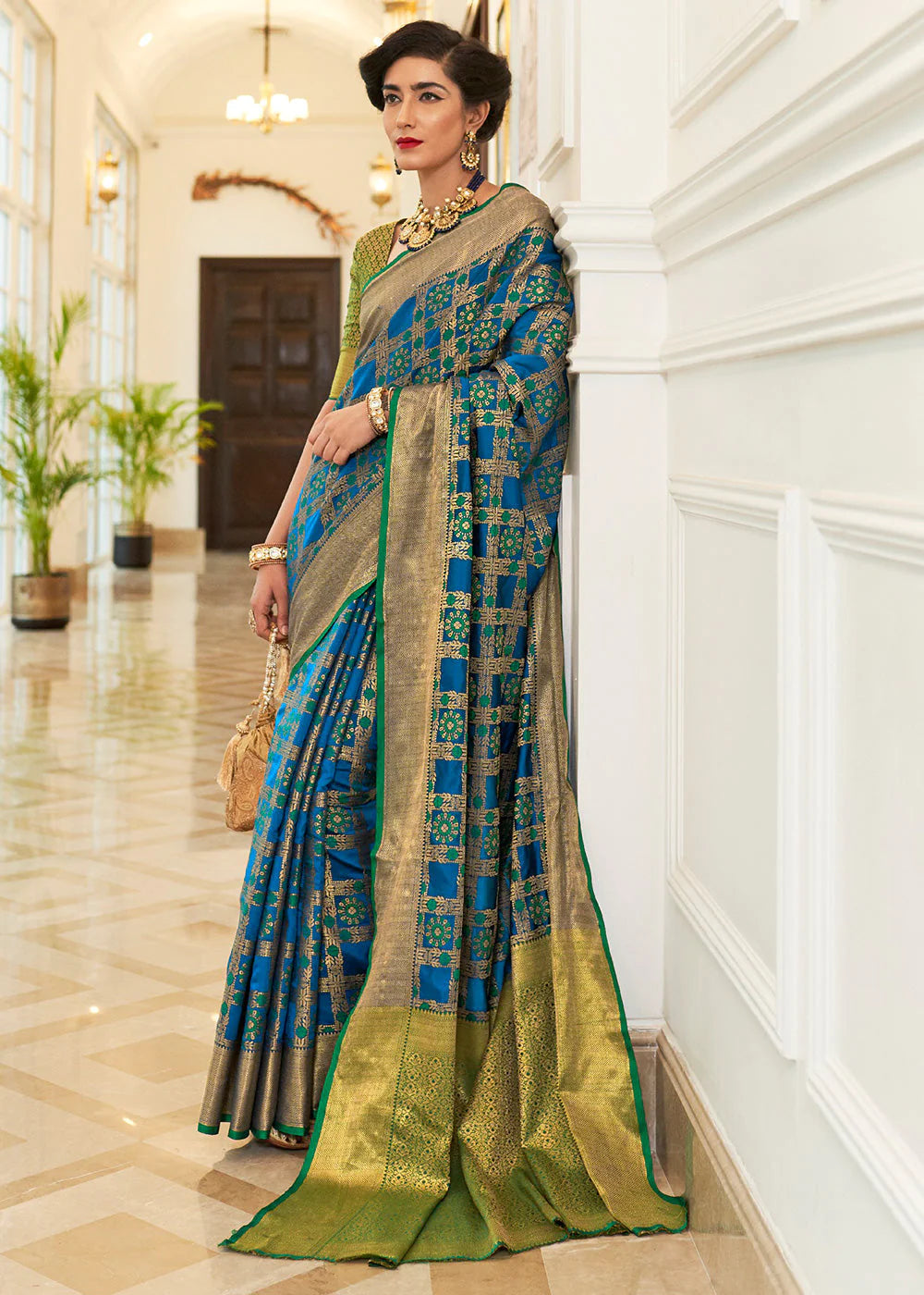 Blue Woven Patola Fusion Banarasi Saree With Brocade Blouse