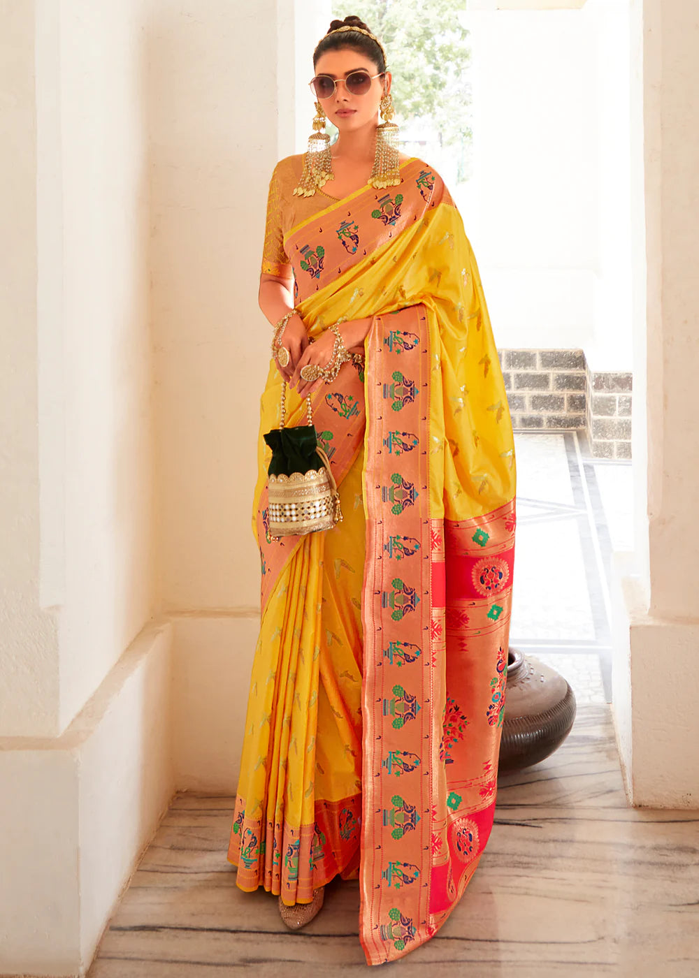 Yellow Woven Paithani Silk Saree With Brocade Blouse