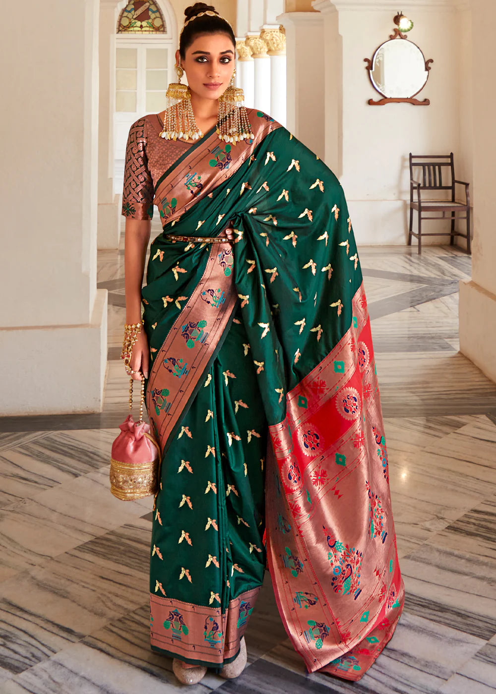 Green Woven Paithani Silk Saree With Brocade Blouse