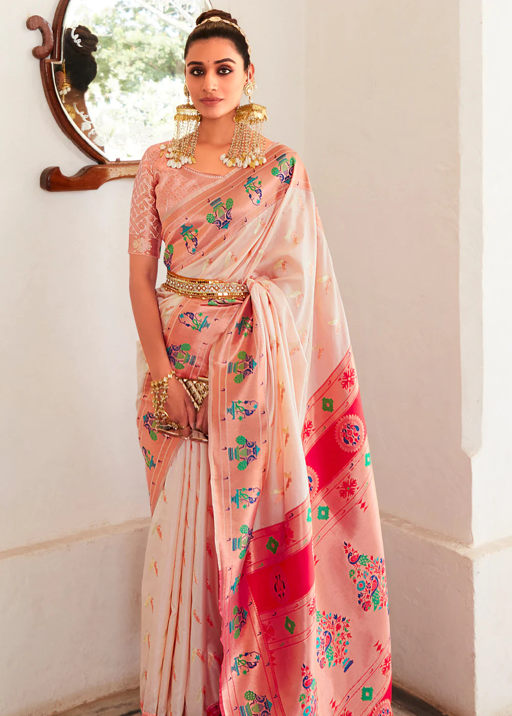 Pink Woven Paithani Silk Saree With Brocade Blouse