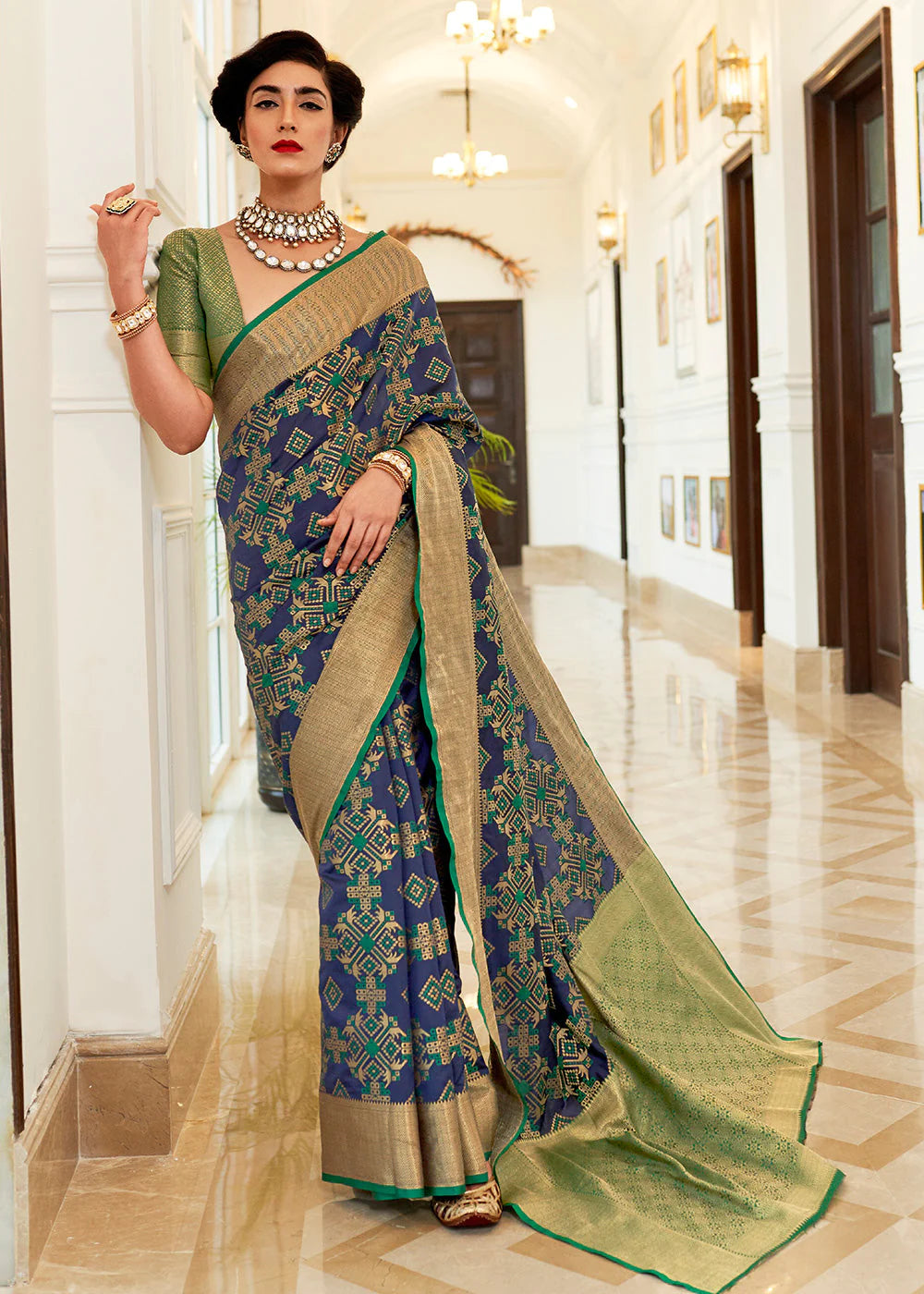 Sapphire Blue Woven Patola Fusion Banarasi Saree With Brocade Blouse