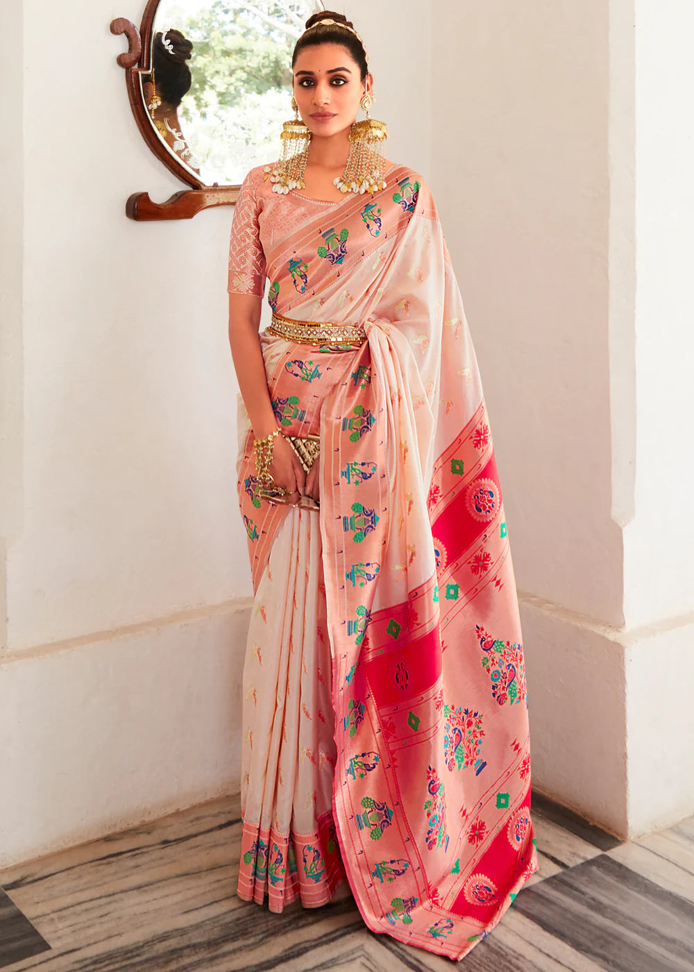 Pink Woven Paithani Silk Saree With Brocade Blouse