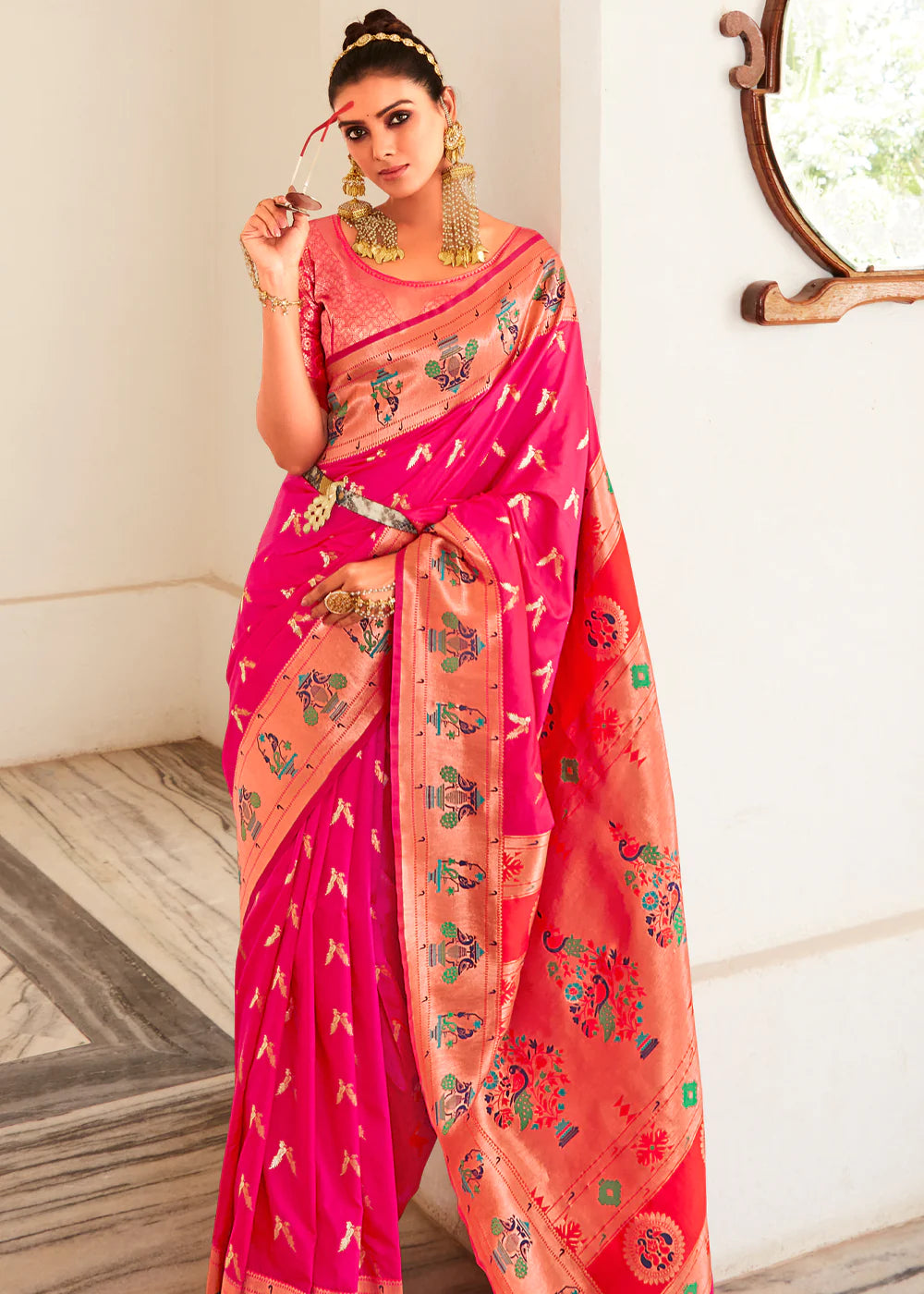 Pink Woven Paithani Silk Saree With Brocade Blouse