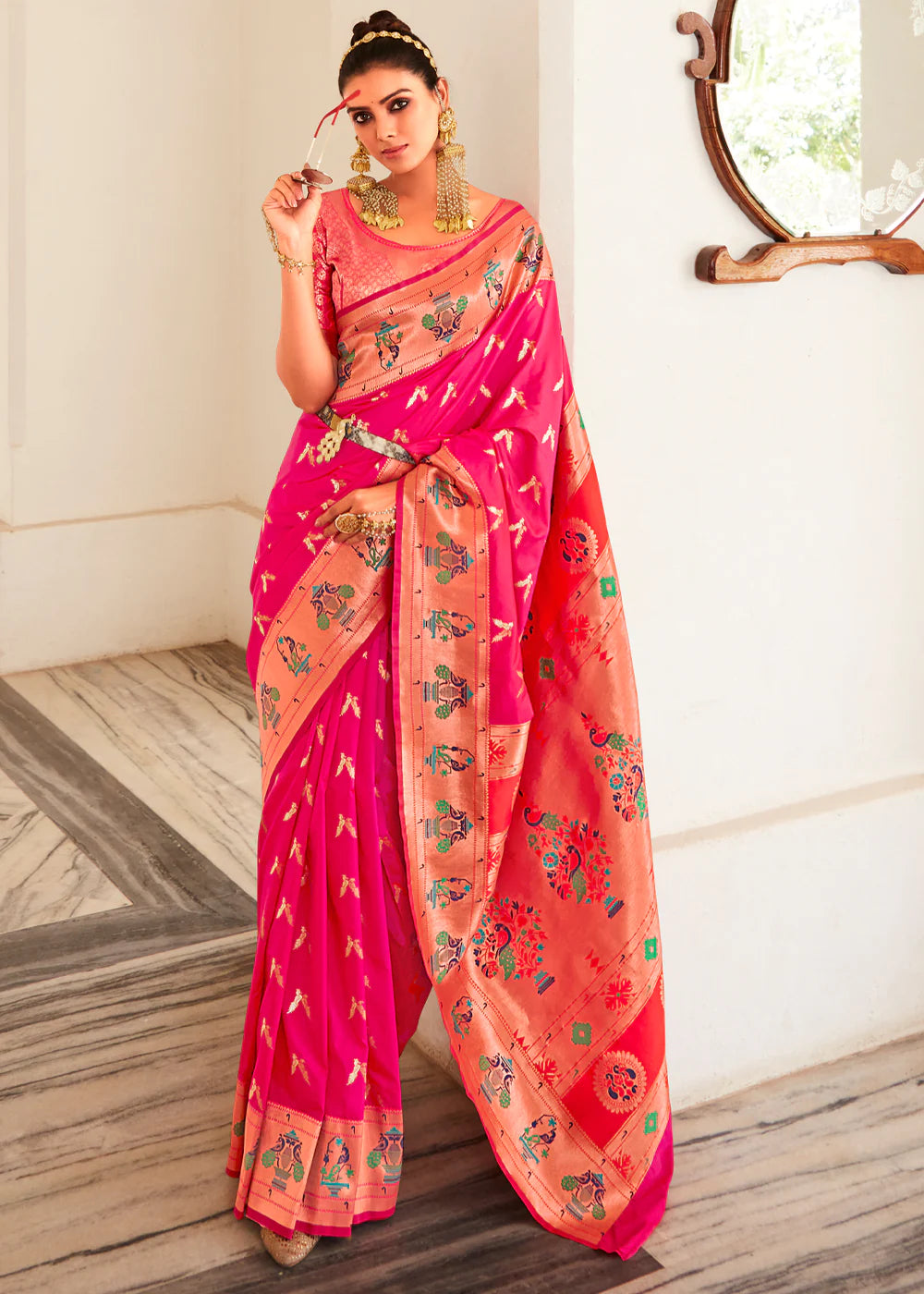 Pink Woven Paithani Silk Saree With Brocade Blouse