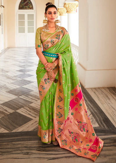 Green Woven Paithani Silk Saree With Brocade Blouse