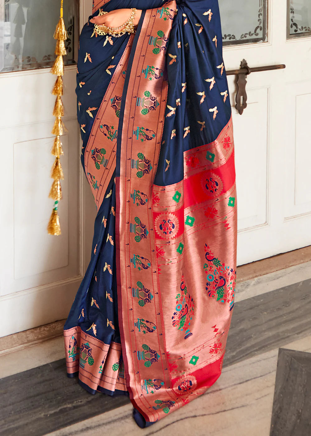 Blue Woven Paithani Silk Saree With Brocade Blouse