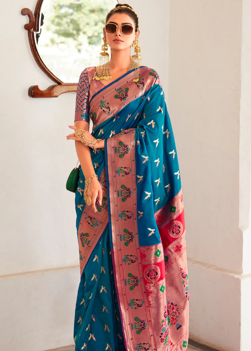 Blue Woven Paithani Silk Saree With Brocade Blouse