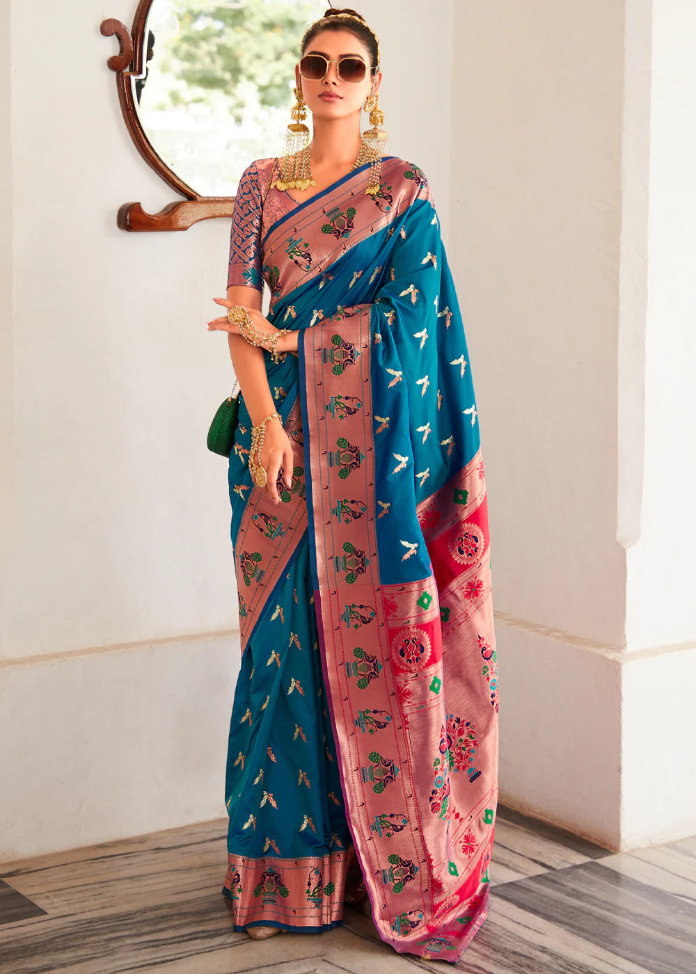 Blue Woven Paithani Silk Saree With Brocade Blouse