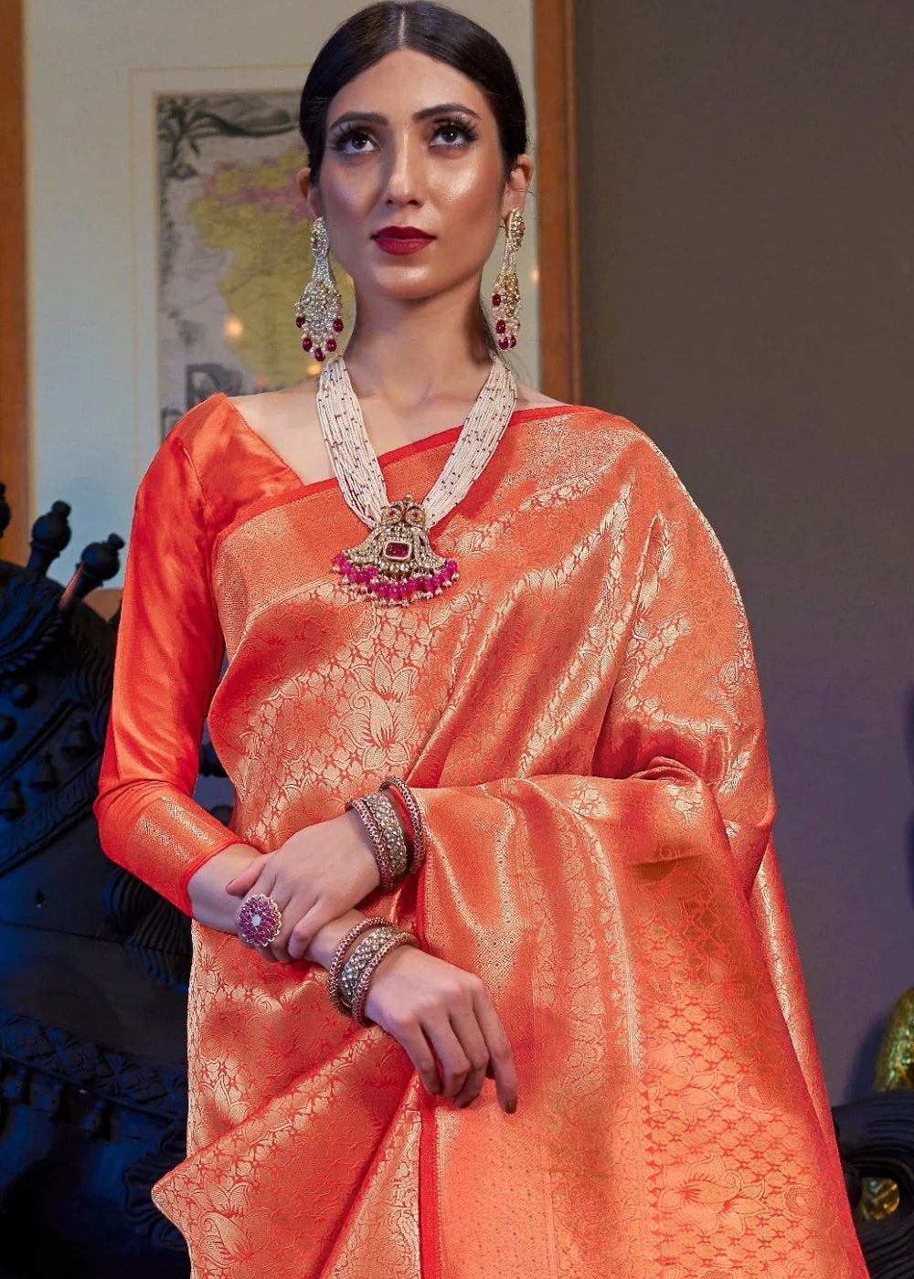 ORANGE GOLDEN KANJIVARAM SOFT WOVEN SILK SAREE