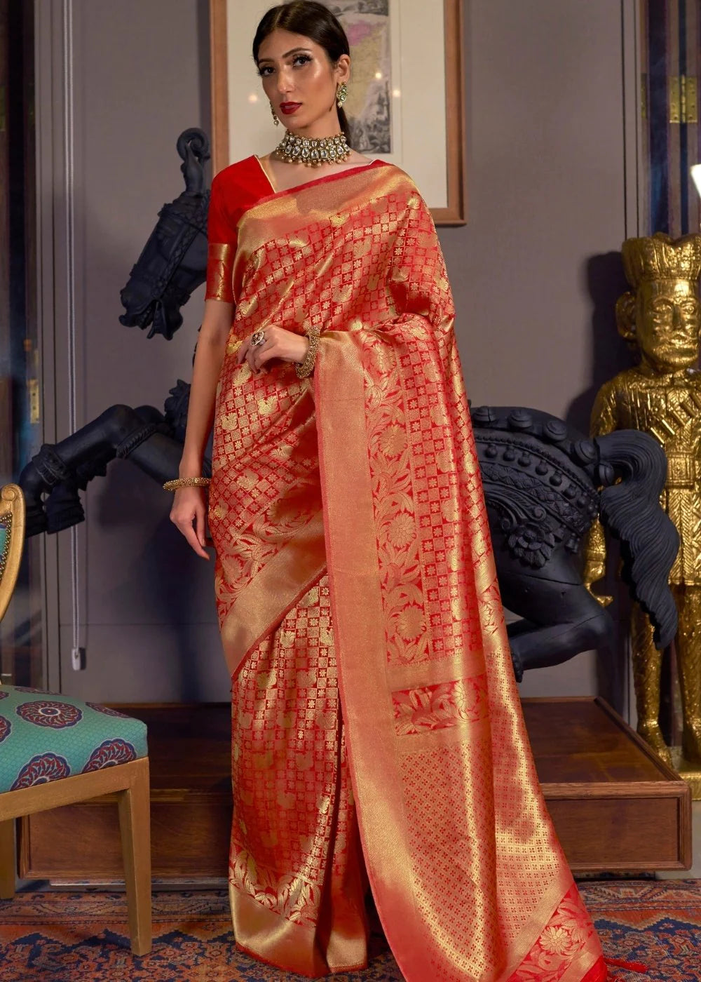 RED GOLDEN BLEND KANJIVARAM SOFT WOVEN SILK SAREE