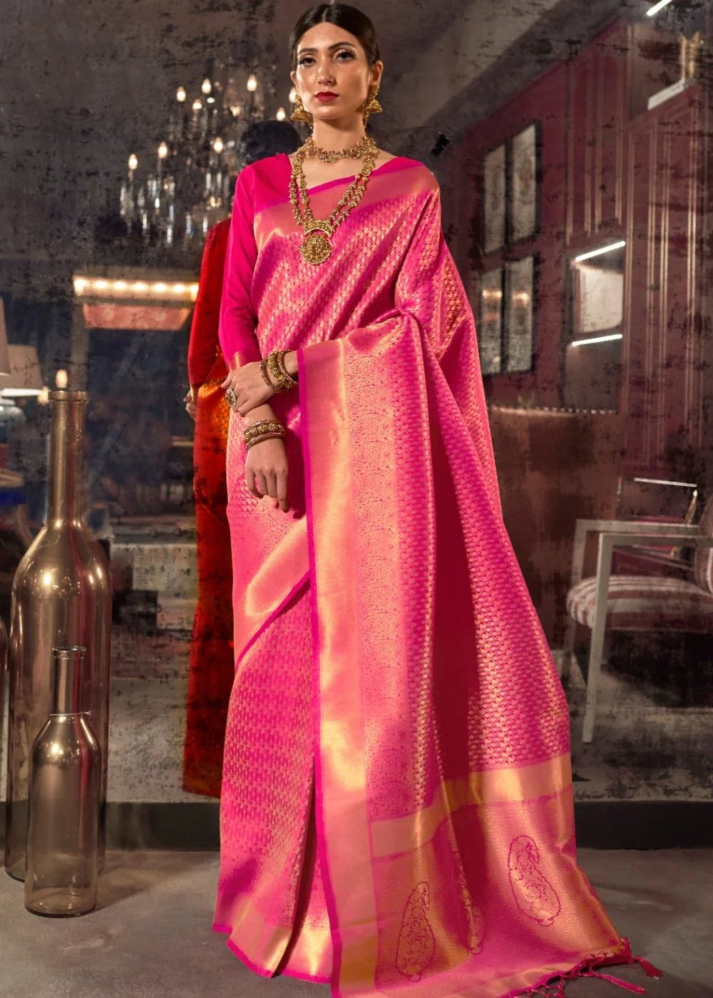 PINK GOLDEN BLEND KANJIVARAM SOFT WOVEN SILK SAREE