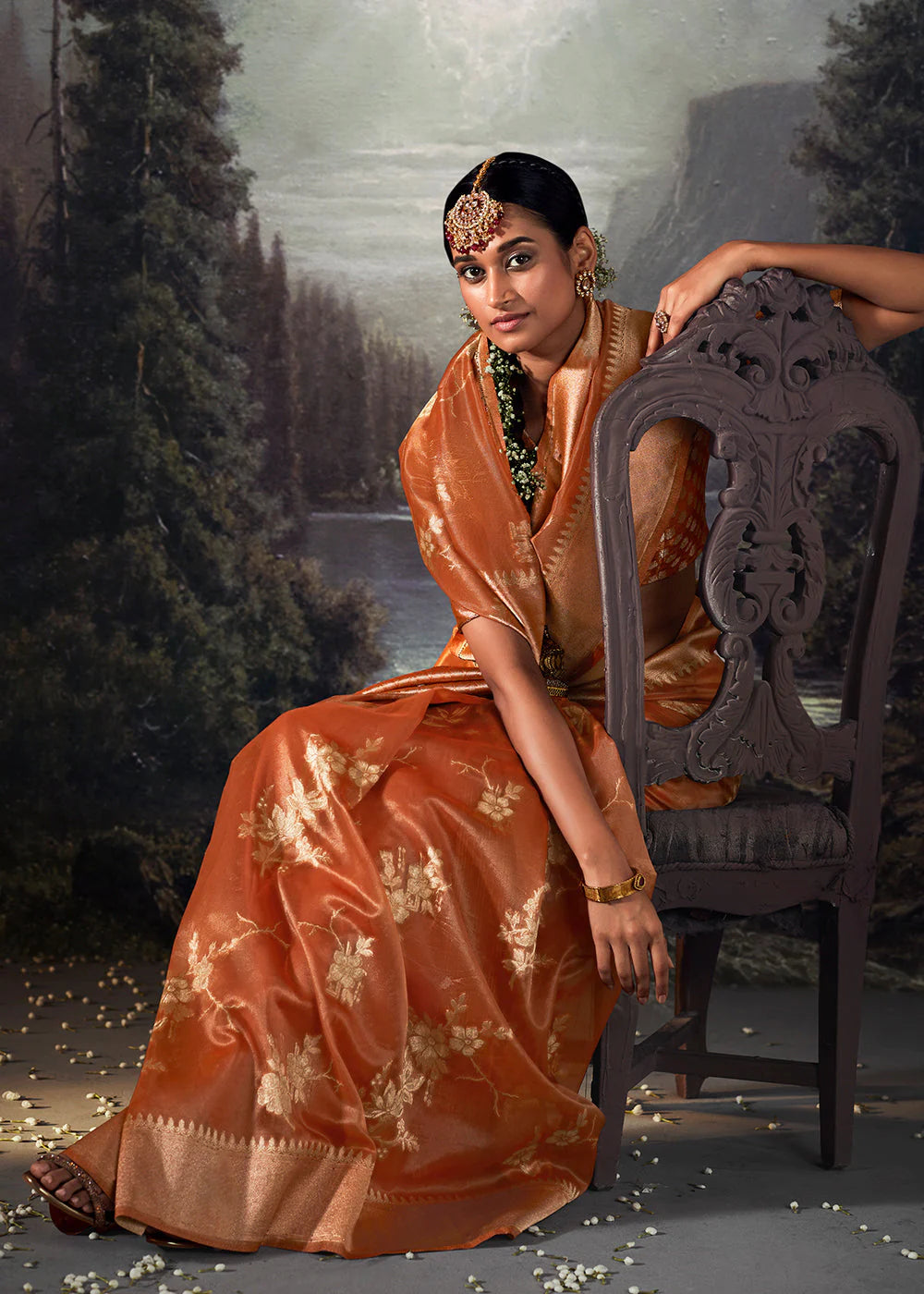 Apricot Orange ZARI WOVEN ORGANZA SILK SAREE WITH SWAROVSKI WORK