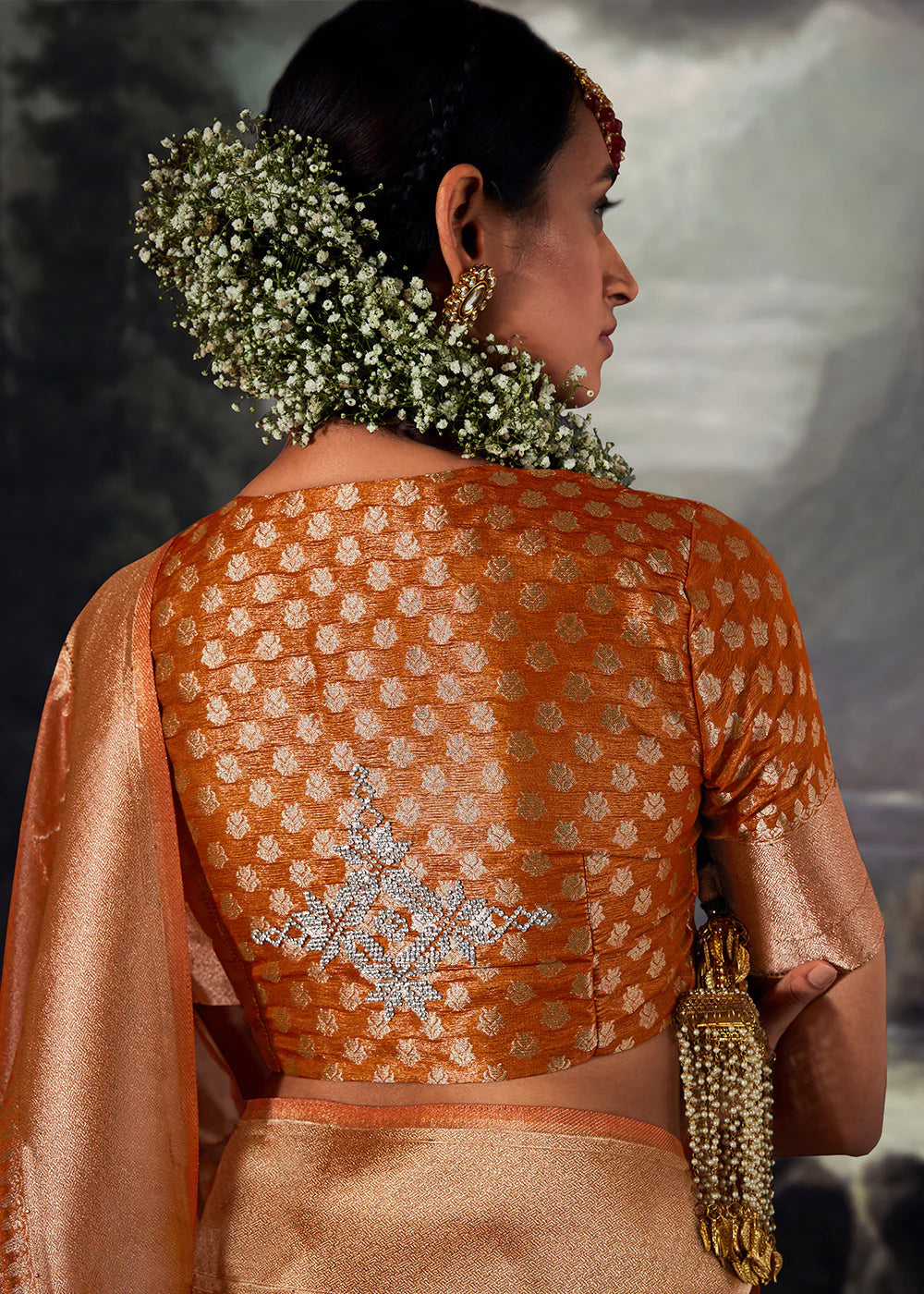 Apricot Orange ZARI WOVEN ORGANZA SILK SAREE WITH SWAROVSKI WORK