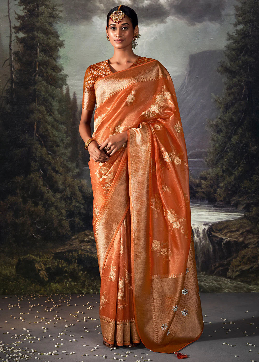 Apricot Orange ZARI WOVEN ORGANZA SILK SAREE WITH SWAROVSKI WORK