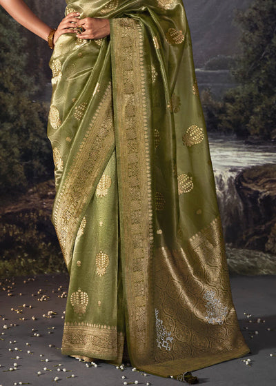 BASIL GREEN ZARI WOVEN ORGANZA SILK SAREE WITH SWAROVSKI WORK