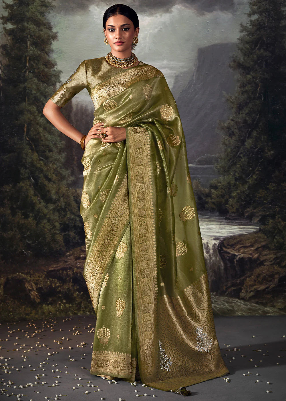 BASIL GREEN ZARI WOVEN ORGANZA SILK SAREE WITH SWAROVSKI WORK