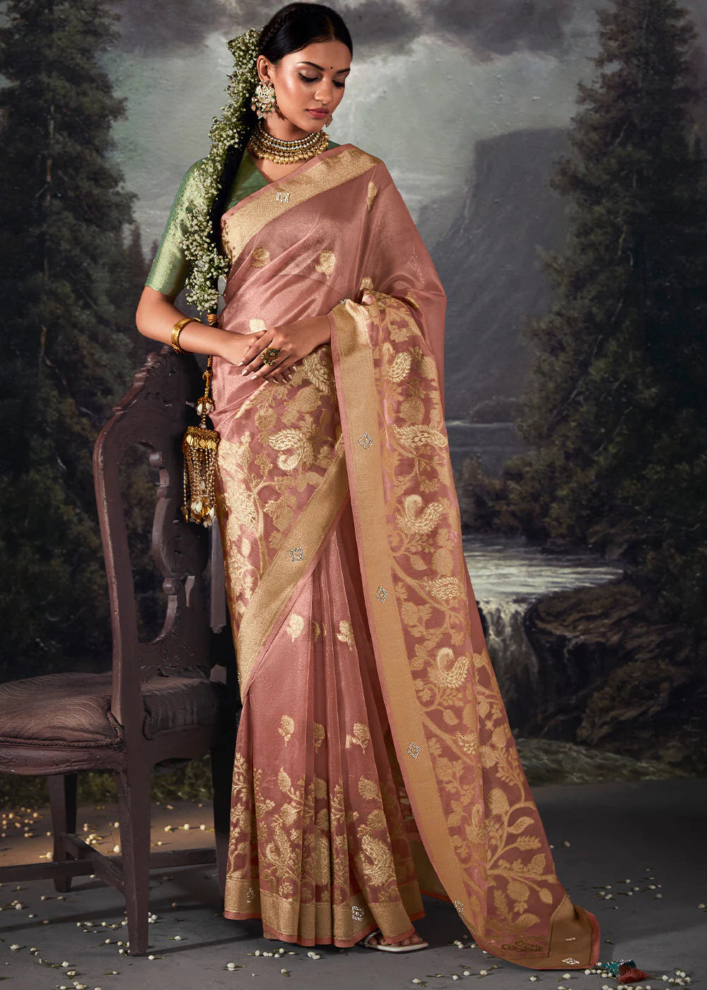 Beautiful Divine Pink ZARI WOVEN ORGANZA SILK SAREE WITH SWAROVSKI WORK