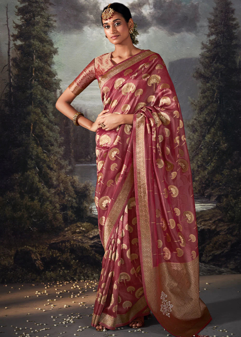 Beautiful Cherry Pink ZARI WOVEN ORGANZA SILK SAREE WITH SWAROVSKI WORK