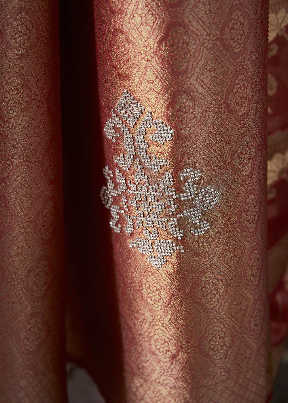 Beautiful Cherry Pink ZARI WOVEN ORGANZA SILK SAREE WITH SWAROVSKI WORK