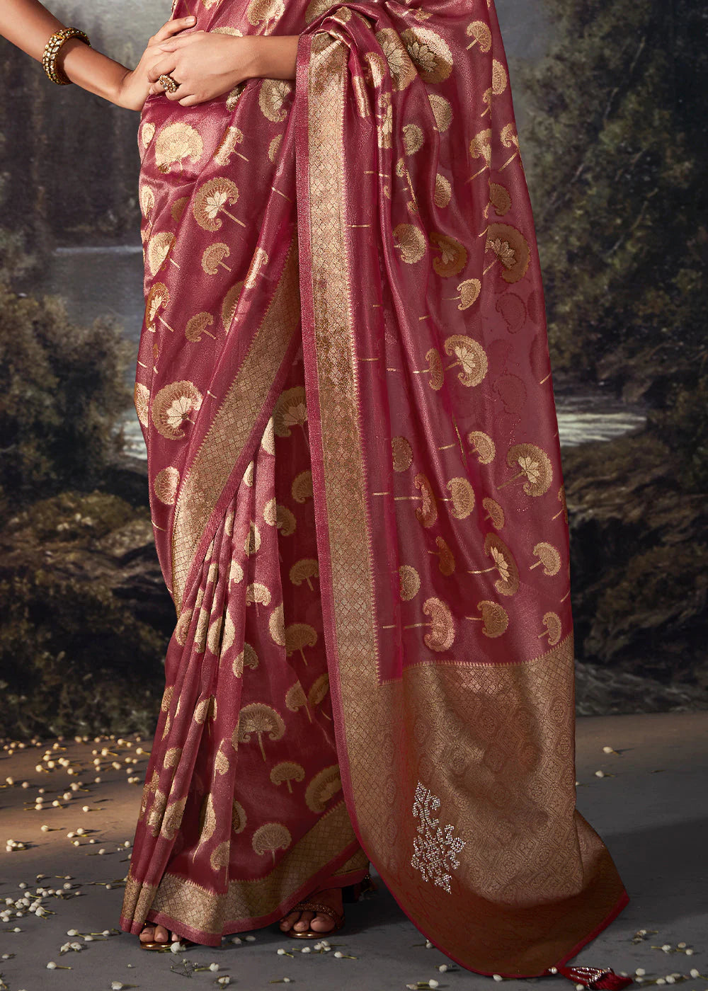 Beautiful Cherry Pink ZARI WOVEN ORGANZA SILK SAREE WITH SWAROVSKI WORK