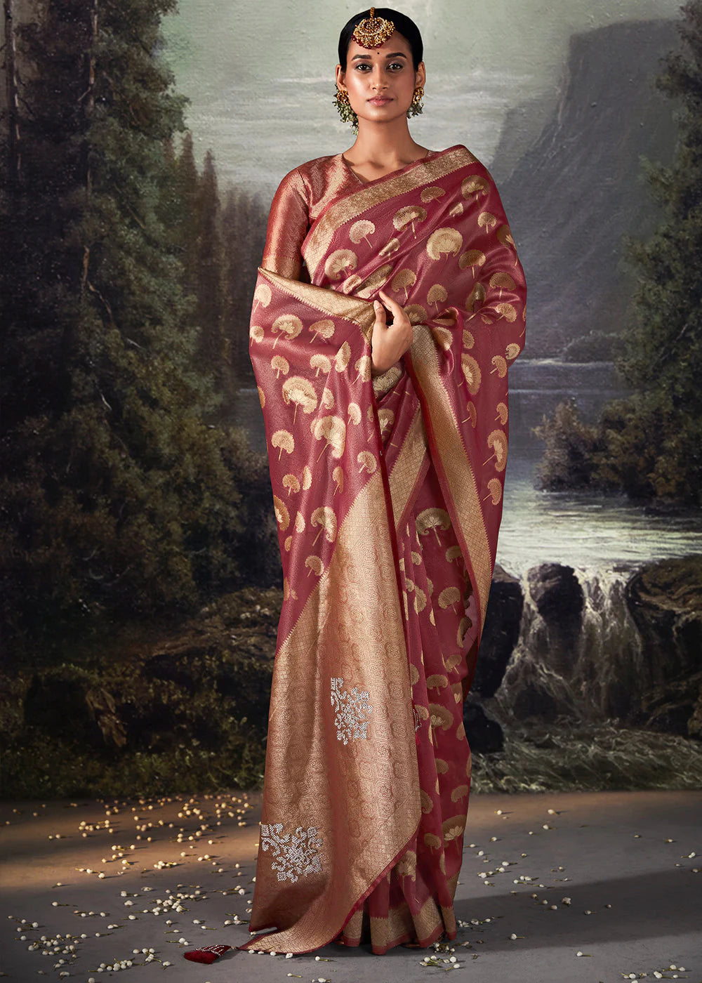 Beautiful Cherry Pink ZARI WOVEN ORGANZA SILK SAREE WITH SWAROVSKI WORK