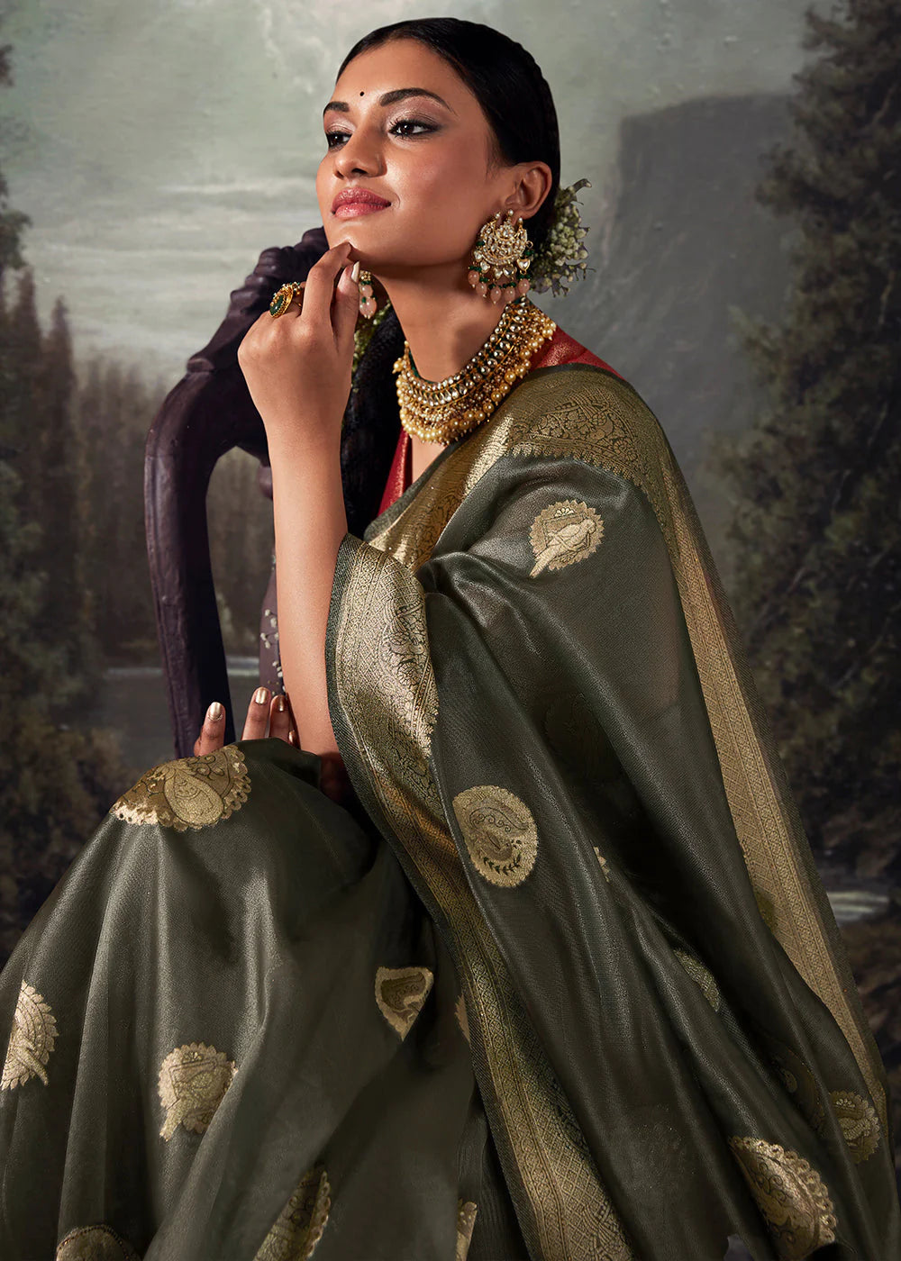 Beautiful Fossil Grey ZARI WOVEN ORGANZA SILK SAREE WITH SWAROVSKI WORK