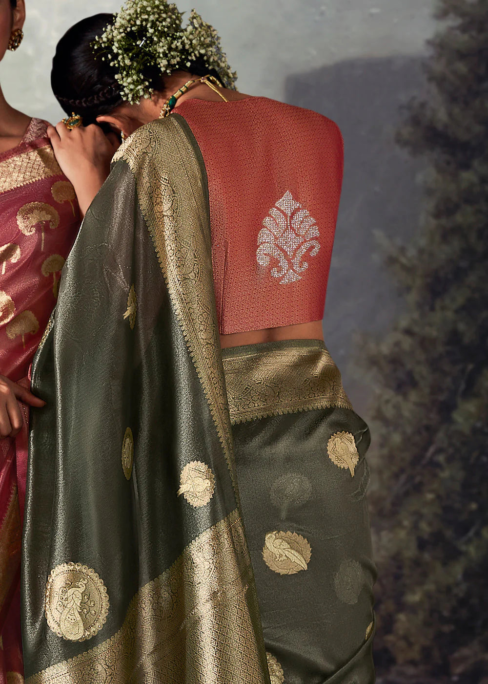 Beautiful Fossil Grey ZARI WOVEN ORGANZA SILK SAREE WITH SWAROVSKI WORK