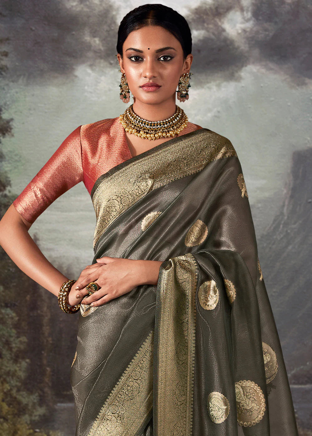 Beautiful Fossil Grey ZARI WOVEN ORGANZA SILK SAREE WITH SWAROVSKI WORK