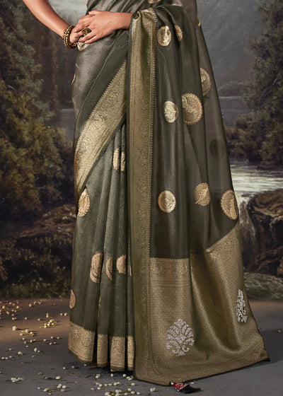 Beautiful Fossil Grey ZARI WOVEN ORGANZA SILK SAREE WITH SWAROVSKI WORK