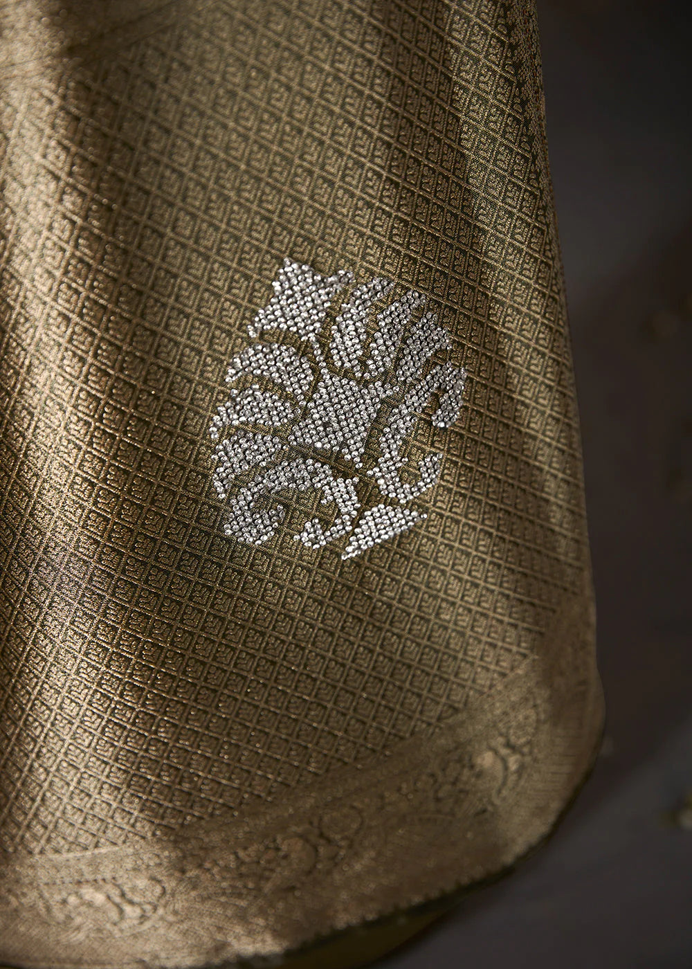 Beautiful Fossil Grey ZARI WOVEN ORGANZA SILK SAREE WITH SWAROVSKI WORK