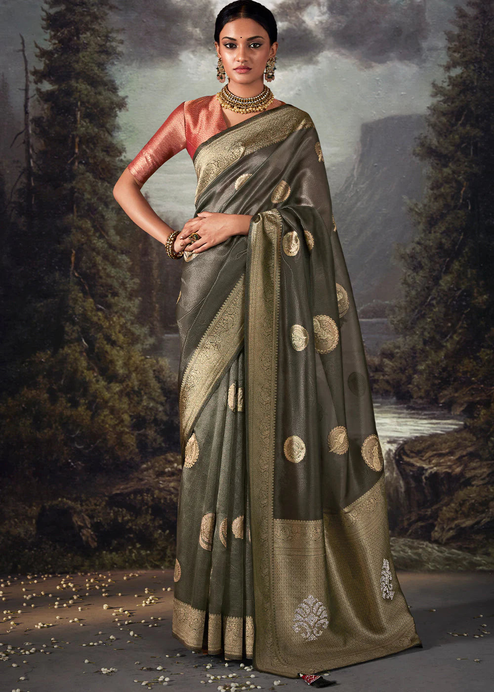 Beautiful Fossil Grey ZARI WOVEN ORGANZA SILK SAREE WITH SWAROVSKI WORK