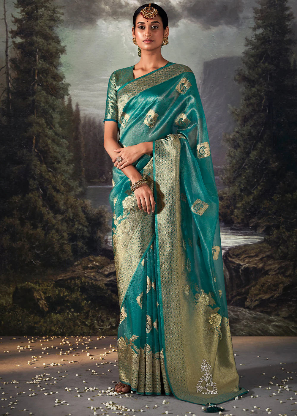 Alluring Blue ZARI WOVEN ORGANZA SILK SAREE WITH SWAROVSKI WORK