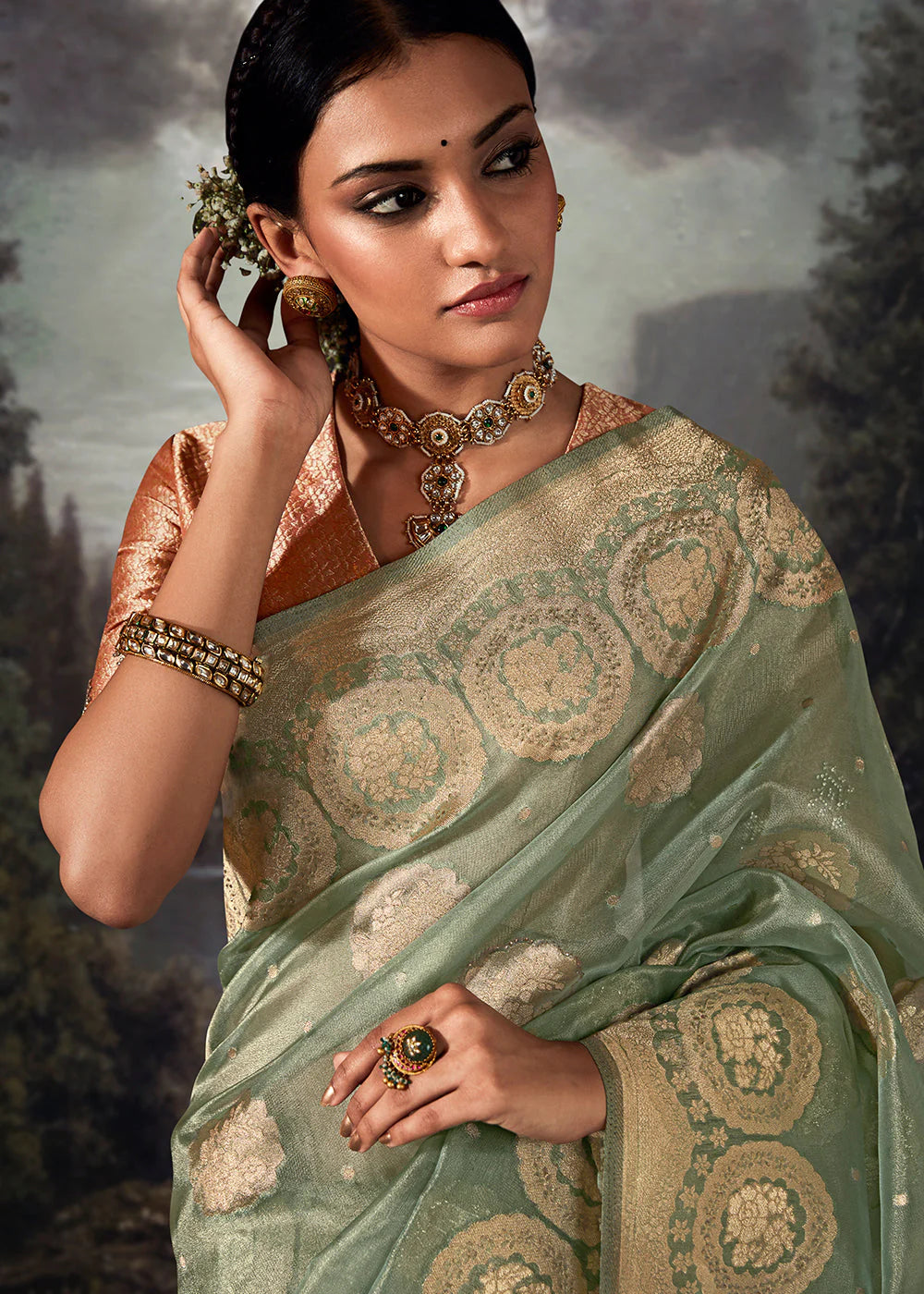 Foliage Green ZARI WOVEN ORGANZA SILK SAREE WITH SWAROVSKI WORK