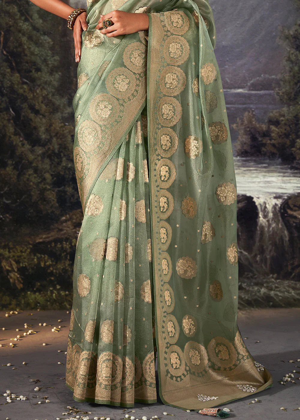 Foliage Green ZARI WOVEN ORGANZA SILK SAREE WITH SWAROVSKI WORK