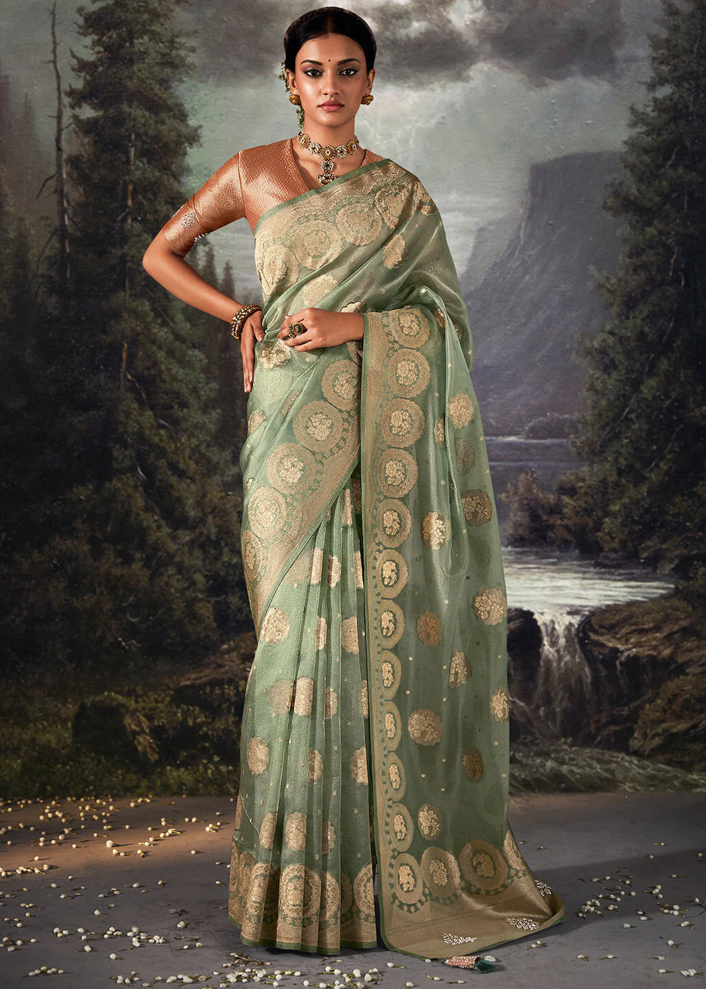 Foliage Green ZARI WOVEN ORGANZA SILK SAREE WITH SWAROVSKI WORK