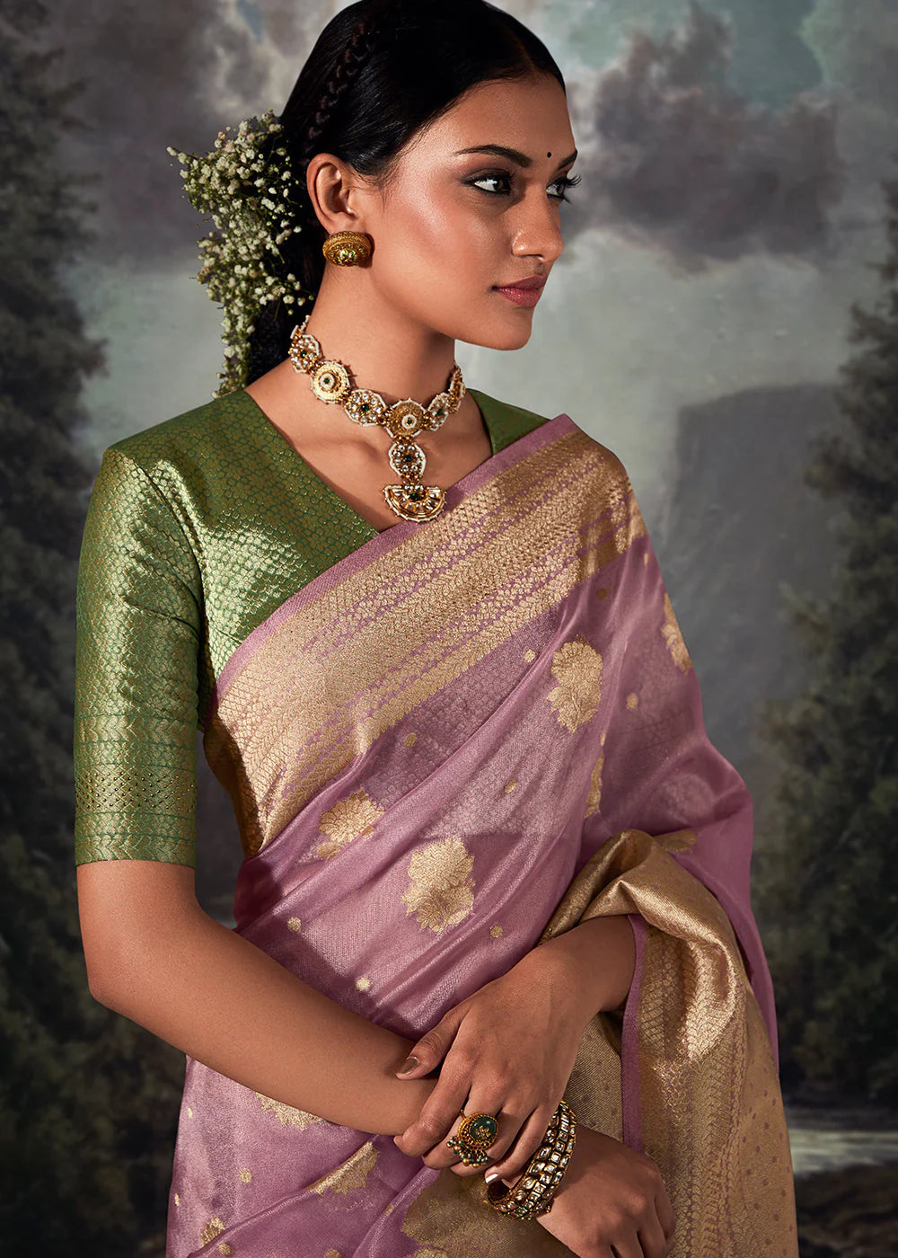 Bloom Purple ZARI WOVEN ORGANZA SILK SAREE WITH SWAROVSKI WORK