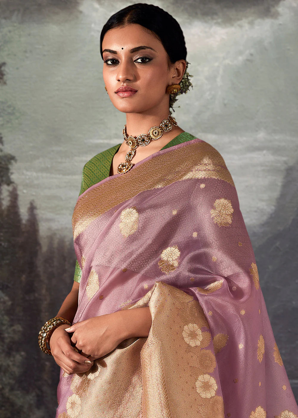 Bloom Purple ZARI WOVEN ORGANZA SILK SAREE WITH SWAROVSKI WORK