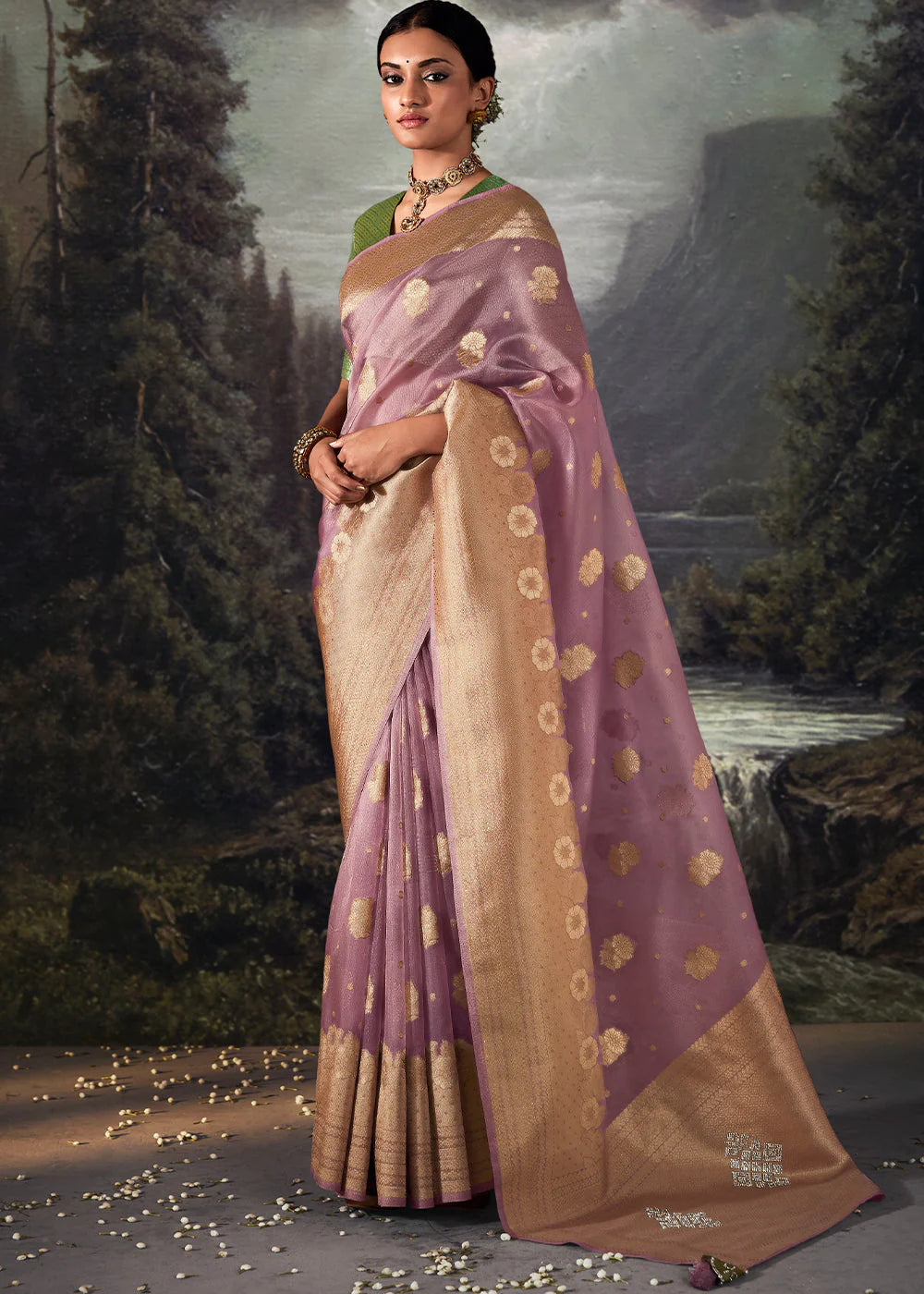 Bloom Purple ZARI WOVEN ORGANZA SILK SAREE WITH SWAROVSKI WORK